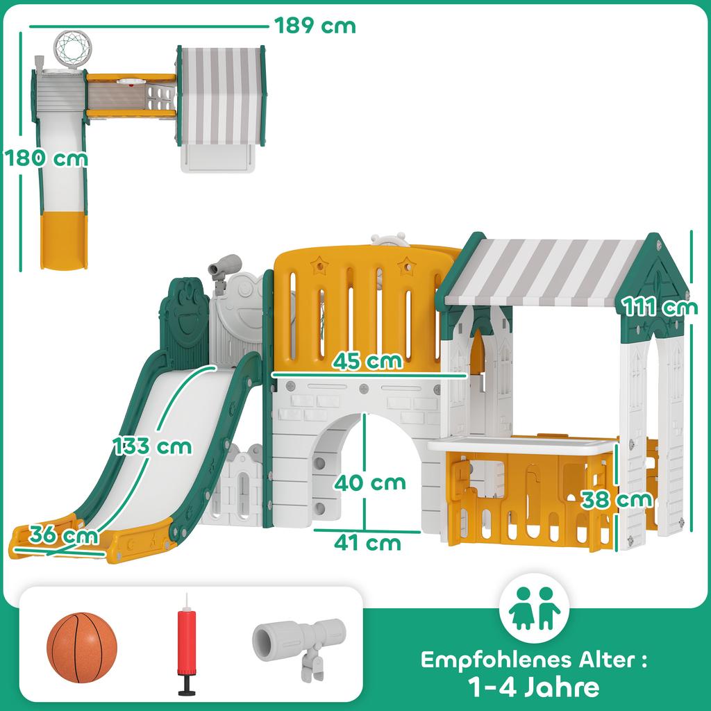 7-in-1 Kids Slide, Indoor Playground, Climbing Frame, House, Board, Basketball Hoop, 1-4 Years, Plastic, Yellow+Green