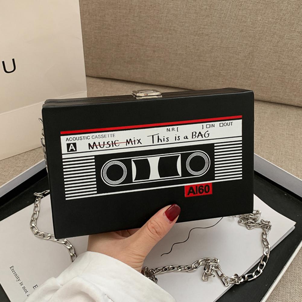 Women Mini Chain Purse Radio Shape Vintage Satchel Bag PU Leather Tape Recorder Print for Women Teen Girls