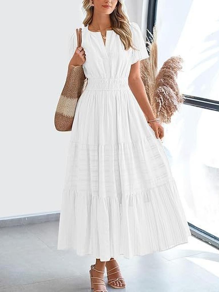 Spring/Summer Women's Fashion V-Neck Ruffled Bubble Sleeve Layered Maxi Dress for Women
