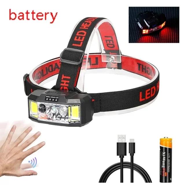 Sensor LED Headlamp Portable Red COB Camping Fishing Headlight USB Rechargeable Hat Helmet Head Flashlight Outdoor 18650 Lantern