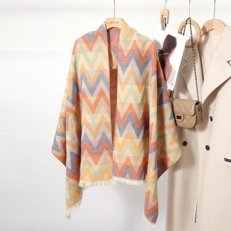 New Autumn and Winter Imitation Cashmere Colorful Wavy Plaid Scarf for Women Korean Version Sweet Warm Windproof Thick Scarf
