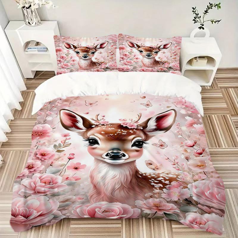 Floral Deer Fantasy Scene Print 3Pcs Bedding Setduvet Cover With 2 Bedropillowcase Home Birthday Gift