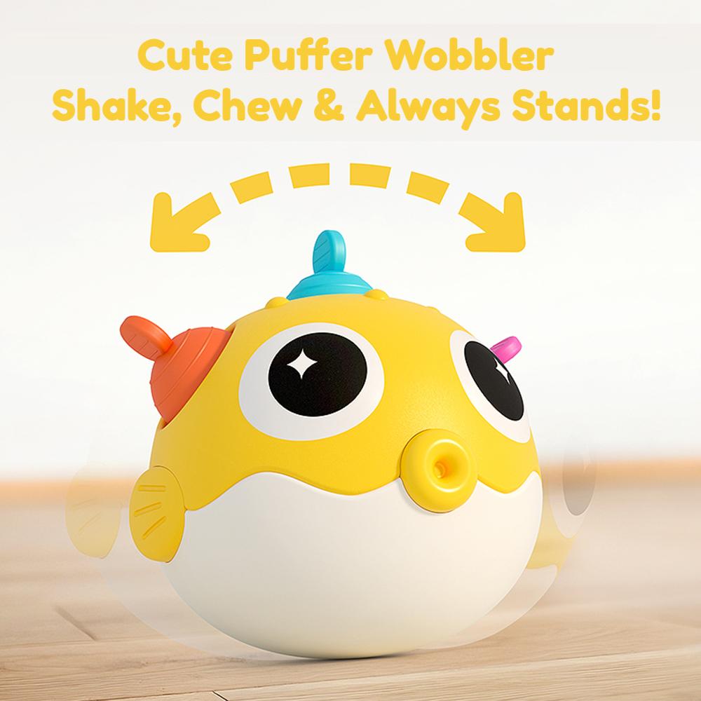 Pufferfish Baby Roly-Poly Rattle Toy with Teether Button Motor Skills Hand-Eye Coordination Early Learning Toy Newborn Gift