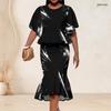 Women Plus Size Two Piece Set Round Neck Batwing Short Sleeve Printed Ruffle Top Fishtail Skirt Black