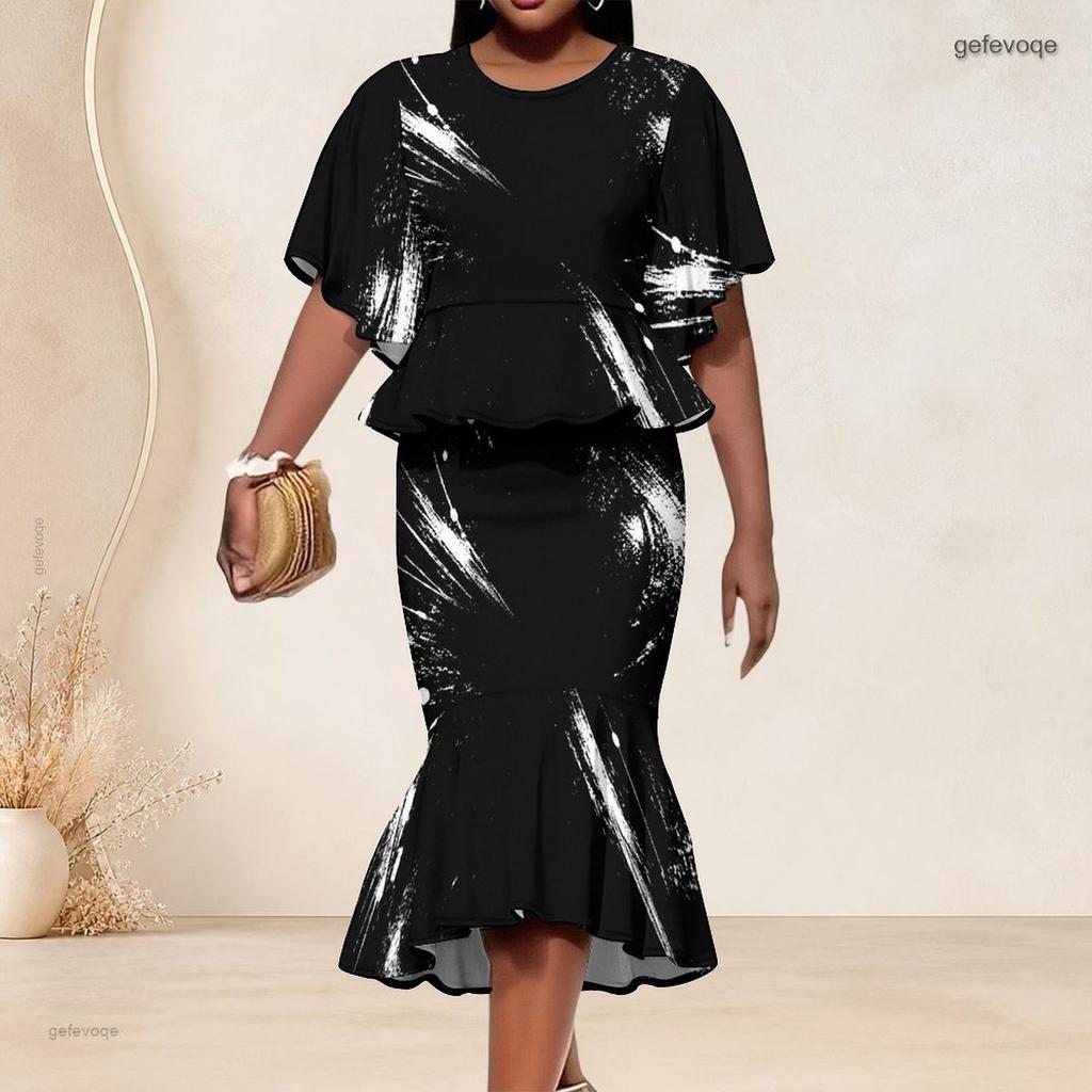 Women Plus Size Two Piece Set Round Neck Batwing Short Sleeve Printed Ruffle Top Fishtail Skirt Black