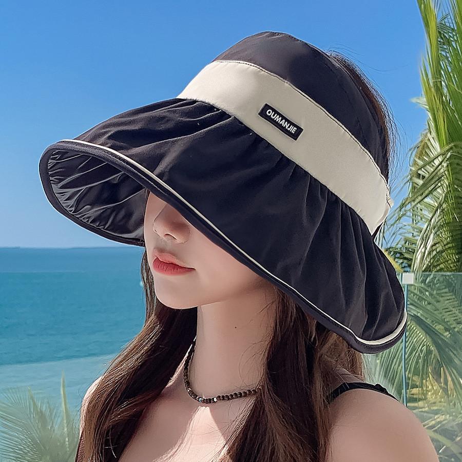 2024 New Spring Summer Black Jelly Wide Brim Sun Hat Women Fashion Korean Style Color Block Leather Patch Sunshade Hat