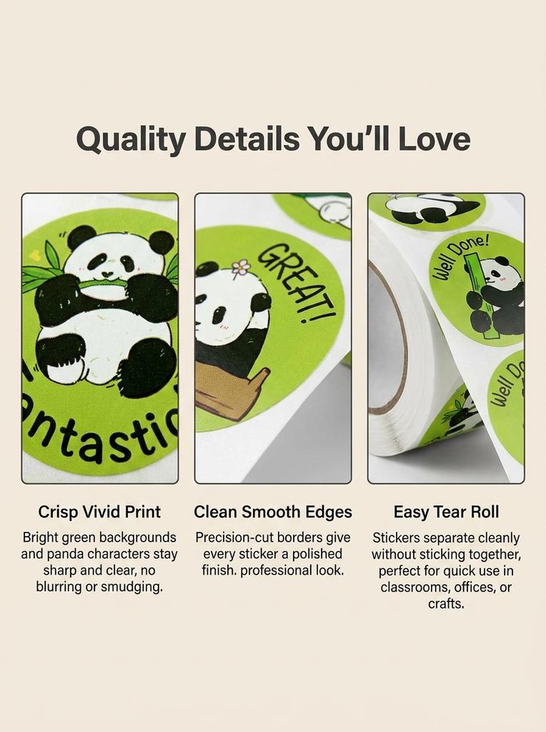 1Roll(500pcs) 1'' Round Cartoon Reward Pandas Stickers for Kids Teacher Reward School Supplies Animal Incentive Home Decor