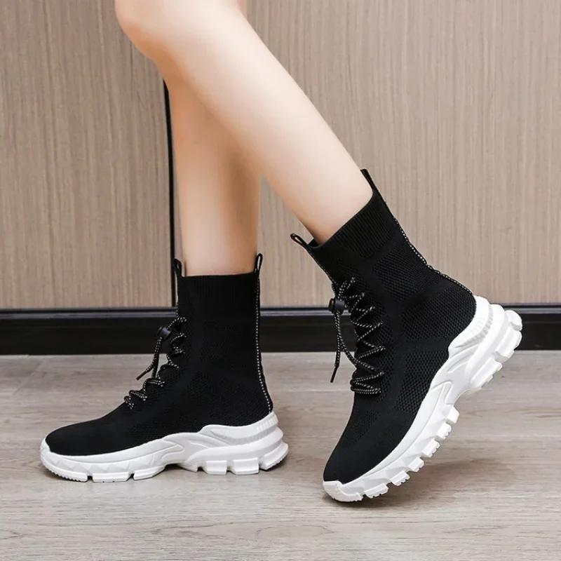 Fashion 2025 Autumn Winter New Couple Socks Shoes Women Thick-soled Casual Large Size Net Red Knitted Short Boots Women Botas De Mujer