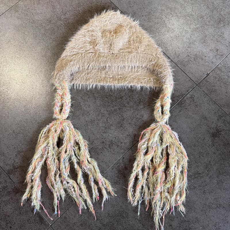 Trendy Girls Knitted Hat Warm Beanie With Cute Braids For Cold Weather Use
