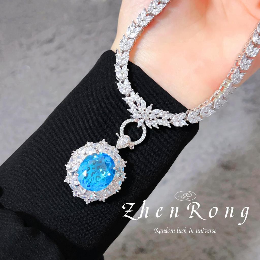 The Legend of the Blue Sea Aquamarine Pendant Necklace and Gem Ear Stud Set for Women