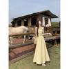 Kumikumi French Style Gentle Style Yellow Hanging Neck Tube Top Dress Women Summer Waist Hugging Slimming A- Line Skirt Long Dress
