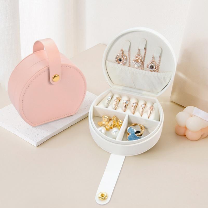 Portable Semi-Circular Small Travel Jewelry Case for Women Compact Top Handle Ring Necklace Earring Organizer Box