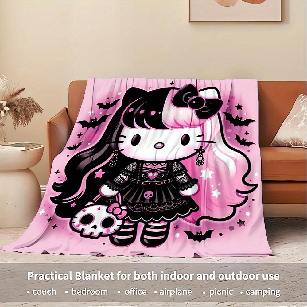 For Gothic, Hello Kitty, HalloweenAnime-Themed Flannel Blanket, Glam Style, Digital Print, All-Season Comfort, Tear-Resistant, Knitted Craft