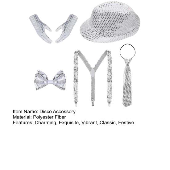 5 Pcs/Set 80s 90s Disco Accessories for Men Women Sequin Hat Harness Belt Gloves Bowtie Necktie Disco Costume Set for Carnival Masquerade Halloween
