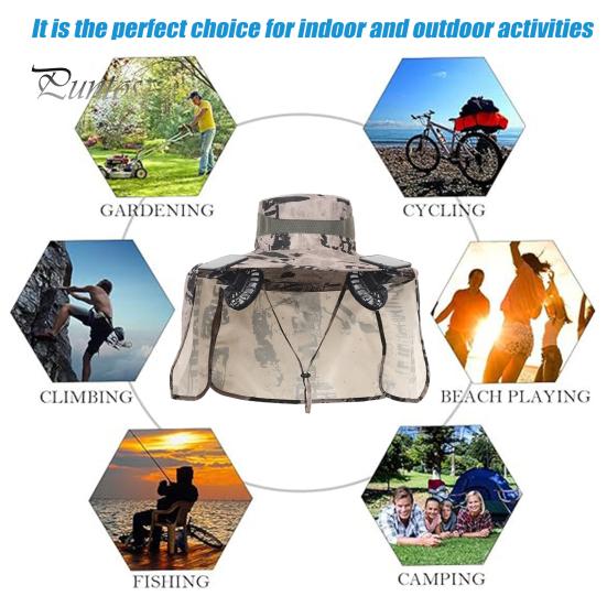 Solar Fan Hat with Neck Flap UPF 50+ UV Protection Hat with 2 Solar Fans Breathable Men Summer Outdoor Activities Fishing Wide Brim Bucket Cap