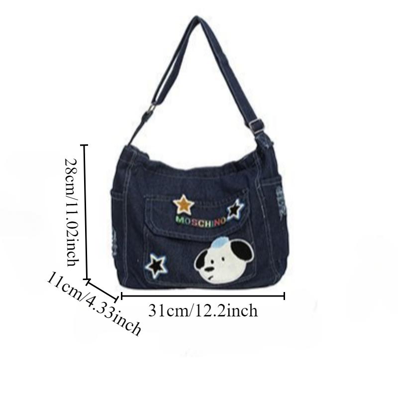 Korean Versi Carto Embroidered Washed Denim Bag for Students One Shoulder Crossbody Tote Bag, Casual and Simple Women's Bag