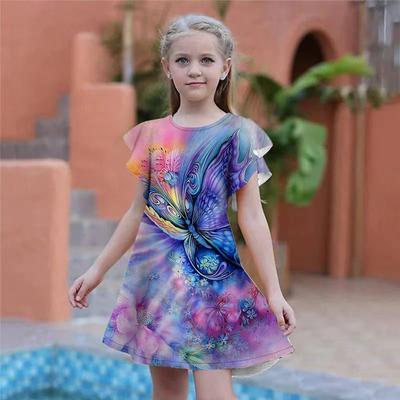 Girls Big Butterfly Print Dresses Kids Girl Party Dress Loose Fitting Loose Fitting Short Sleeved Skirt For Girls Over Four Years Old