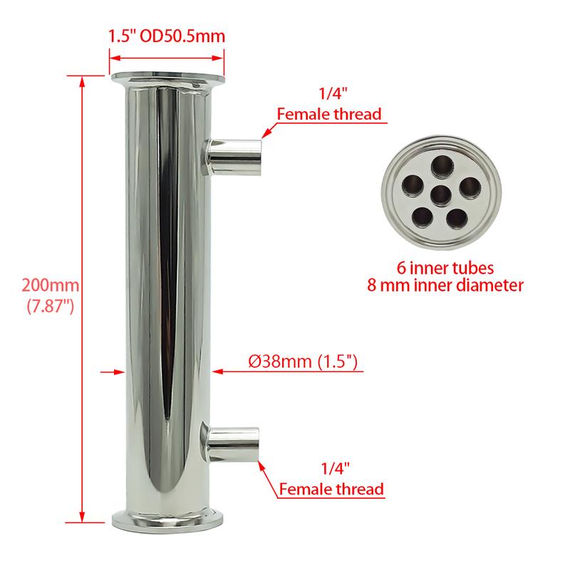 Dephlegmator 1.5" 38mm(OD51mm)304Stainless Steel Reflux Condenser Height 200mm Inside 6 Tubes For Moonshine Distillation Column