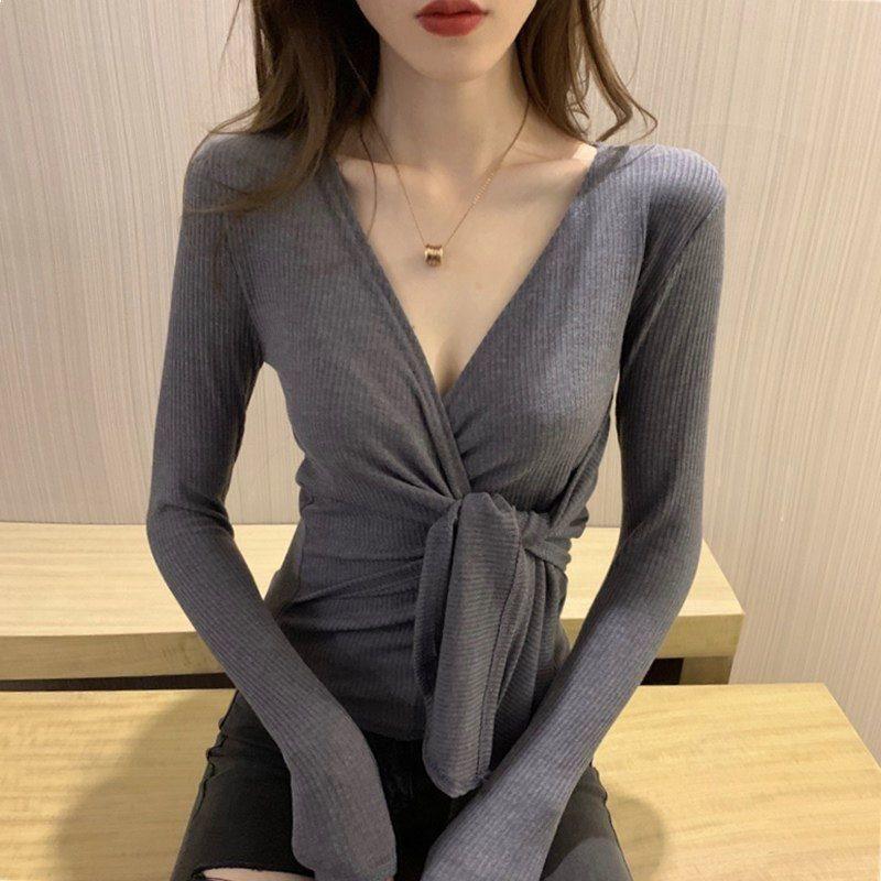 Podzimní Slim Fit Tričko s dlouhým rukávem a páskem v pase pro ženy, jednobarevné s límečkem, základní vrstva