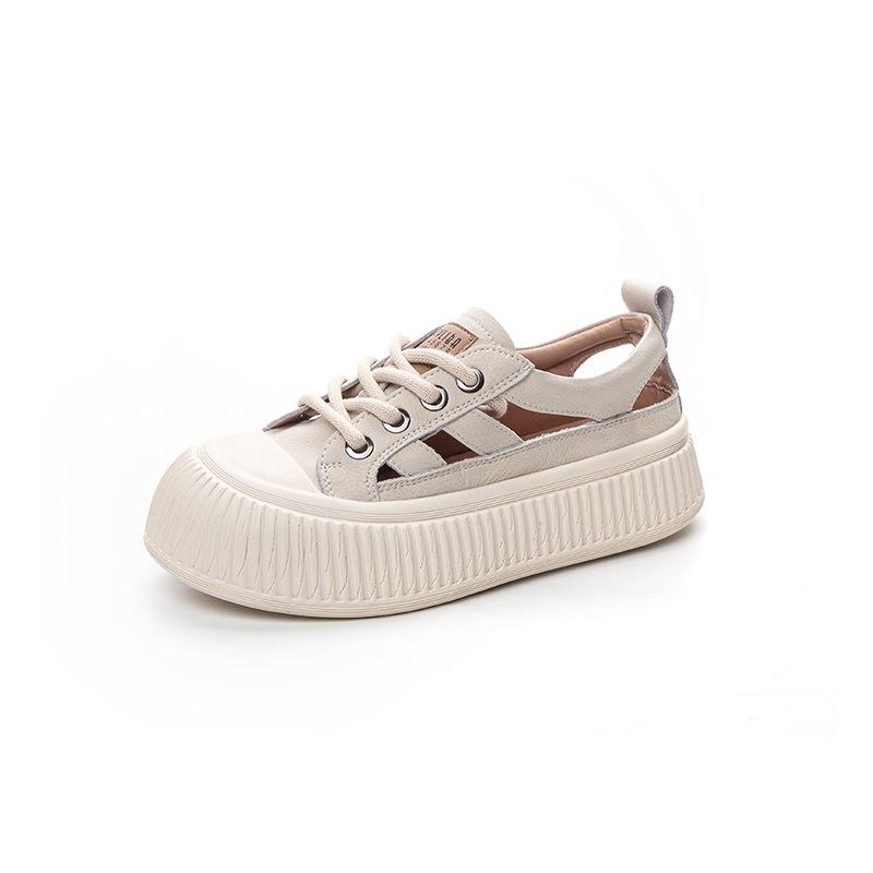 Baotou Sandals Women's 2025 Summer New Thick-soled Heightened Hollowed-out Breathable Little White Shoes Leather Comfortable Roman Sandals