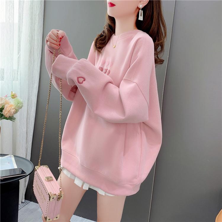 

Бархатный Утепленный Новый Стиль Универсальный Харадзюку Повседневный Свободный Топ Милый Круглый Вырез Вышитый Свитшот для Женщин S розовый