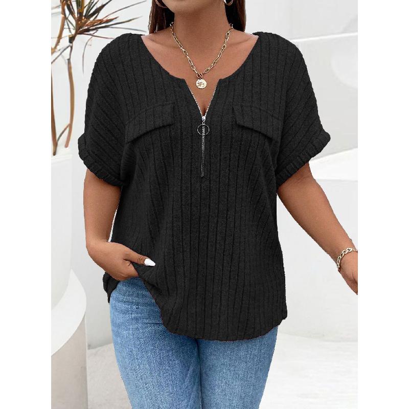2026 Spring/Summer New Plus Size Solid Color Women's V-Neck T-Shirt Loose Top with Zipper Short Sleeves and Faux Pockets