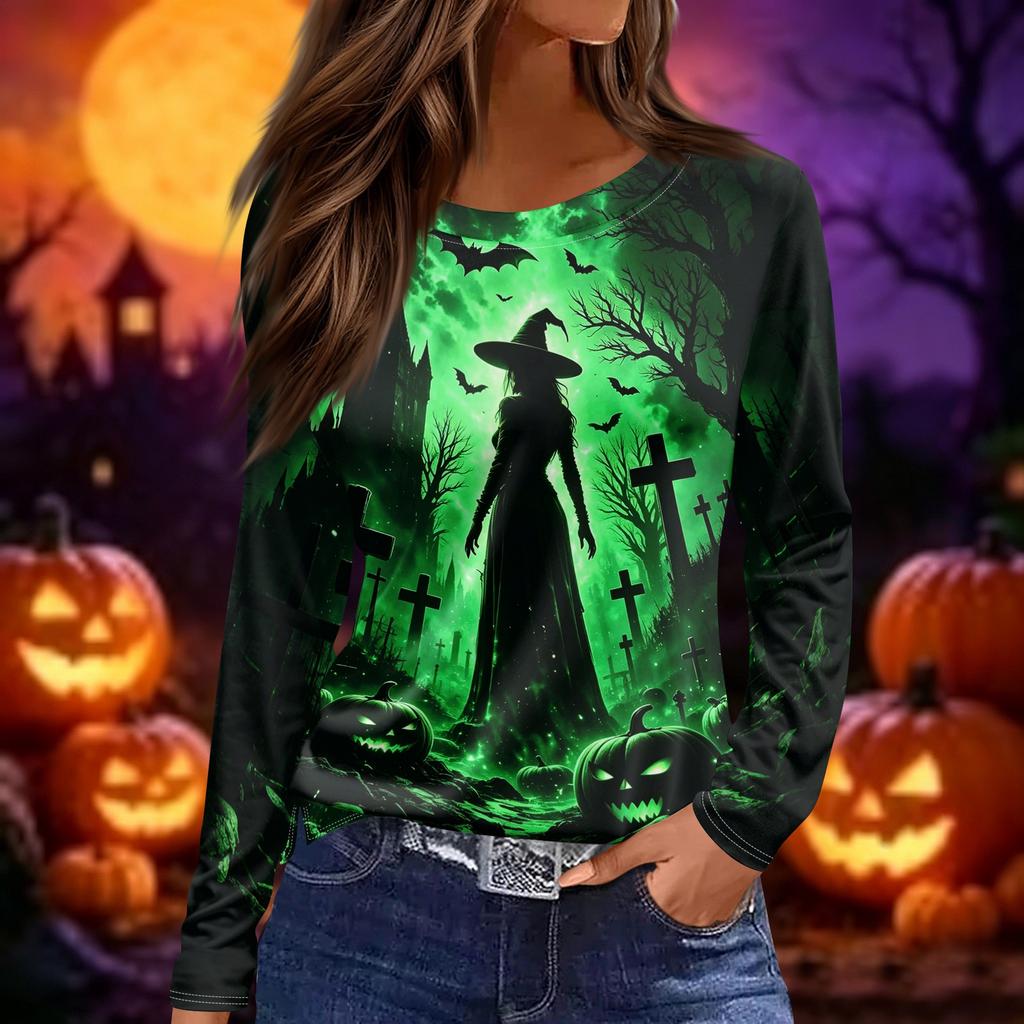 Women's Halloween Printed Long Sleeve Round Neck T-Shirt