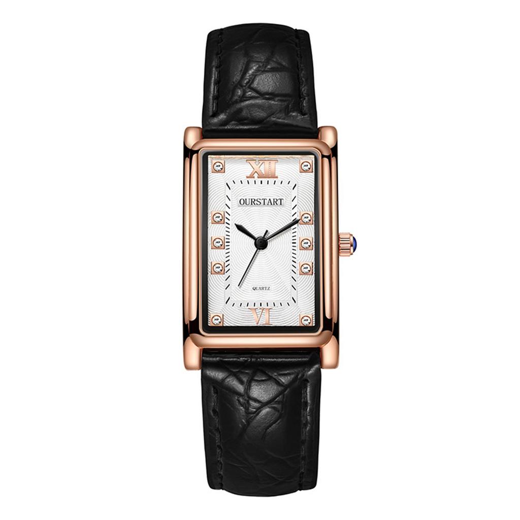 OURSTART Men Square Quartz Watch with Rhinestone Markers Genuine Leather Strap Stainless Steel Case Water Resistant Wristwatch