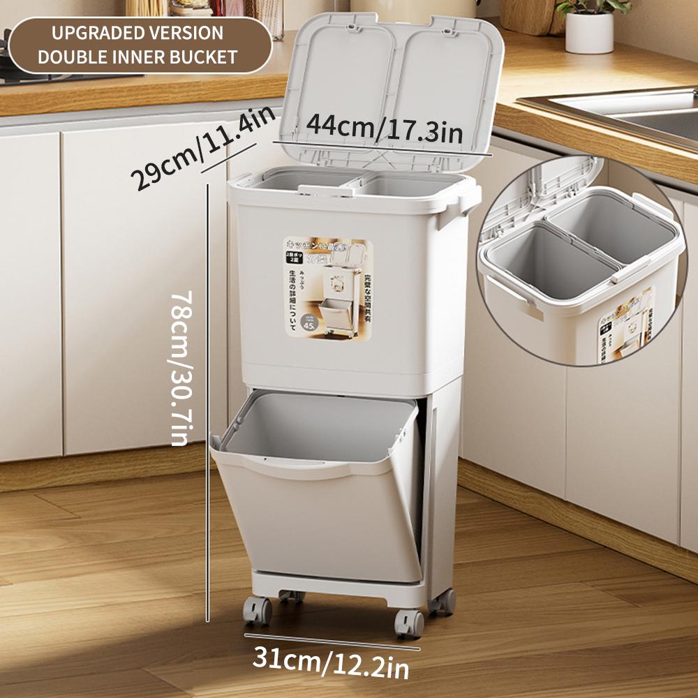

42л/45л Двухслойное мусорное ведро для сортировки, Кухонное с крышкой, Нажимного типа, Разделение сухого и влажного мусора, Мусорное ведро большой вместимости, Белое