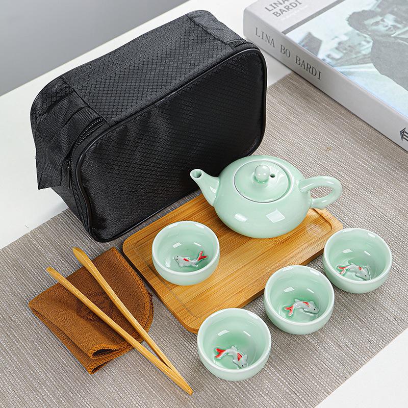 Celadon Carp Tea Cup Kung Fu Tea Set Gift Household Ceramic Portable Outdoor Travel Teapot Porcelain Teaset Tea Cups Set 2025
