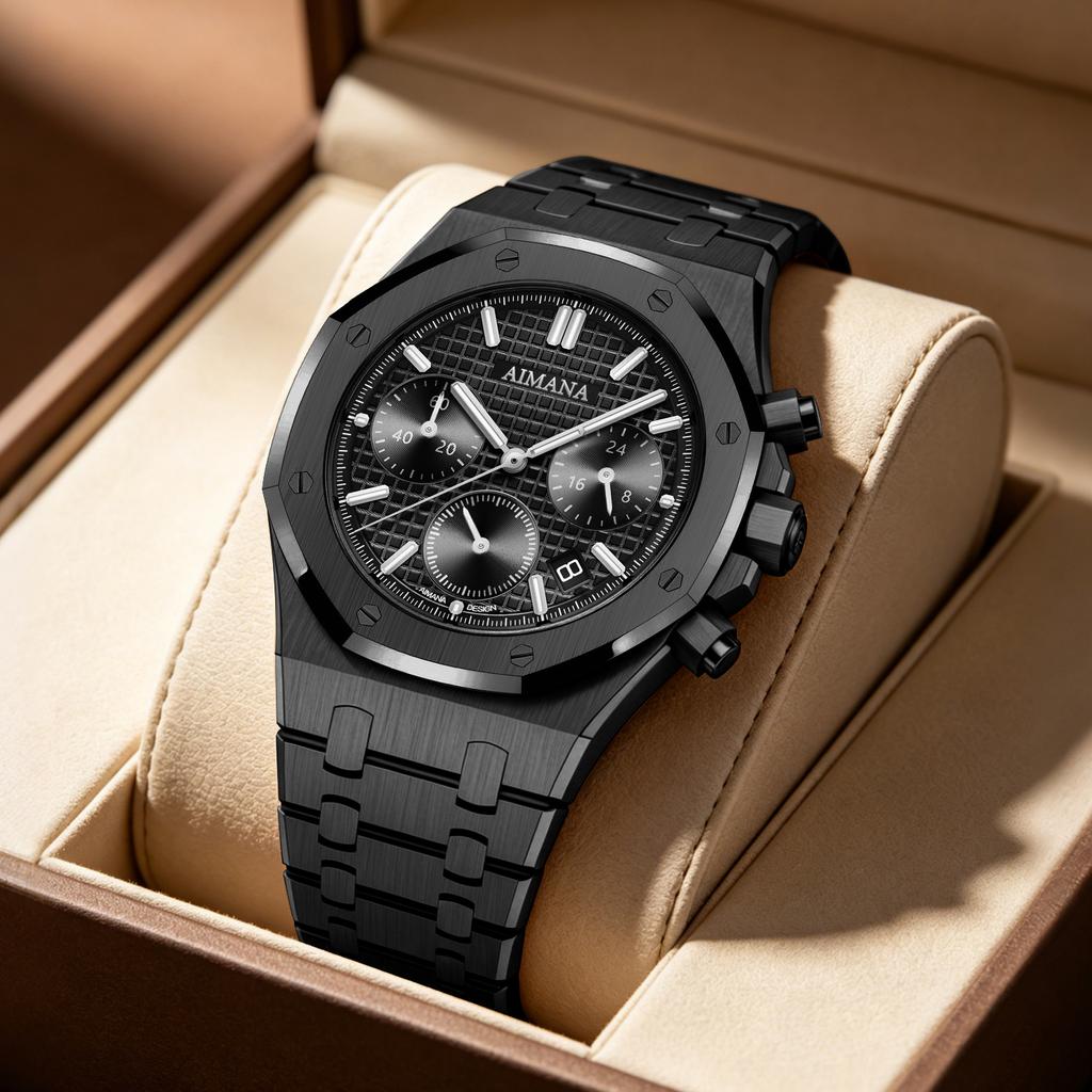 AIMANA Men's Rose Gold Chronograph Watch Black Dial Waterproof Quartz Stainless Steel Strap Sports Wristwatch Gift for Men