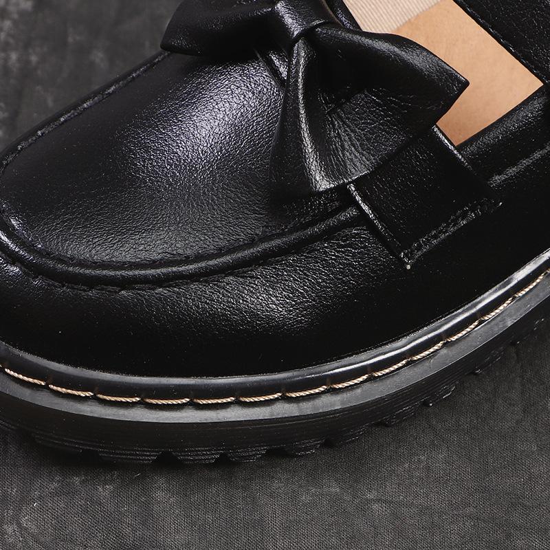 Mode Ledergürtel Dekorative Schleife Dicksohlige Loafer Retro Nostalgisch Rindsleder Flach Damen Studentenstil Japanischer und Koreanischer Stil