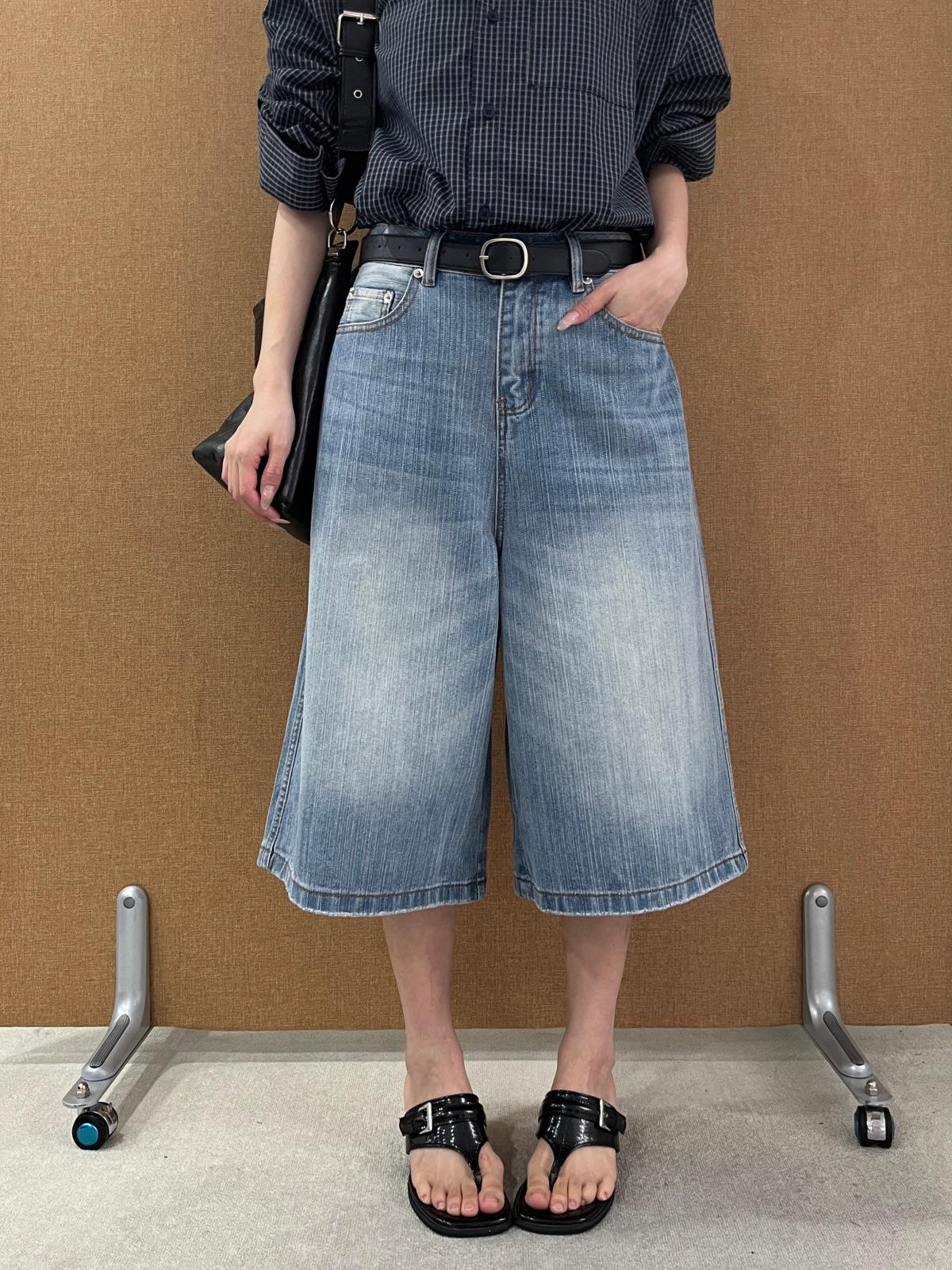 Women s American Retro Light Wash Distressed Wide-Leg Cropped Jeans for Spring/Summer Large джинсовый синий