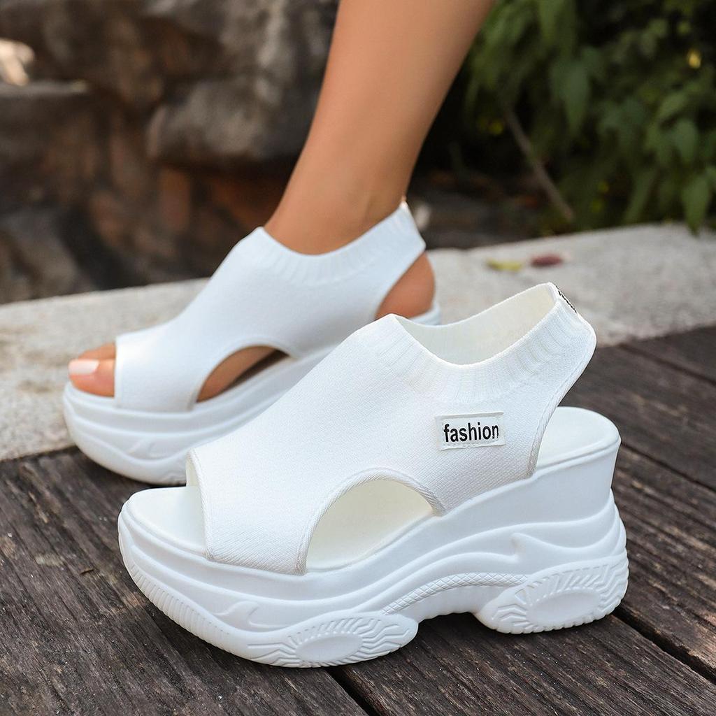 Summer New Knitted Fish Mouth Shoes Fairy Style Muffin Sole Elegant Flying Wedge Platform Sports Sandals