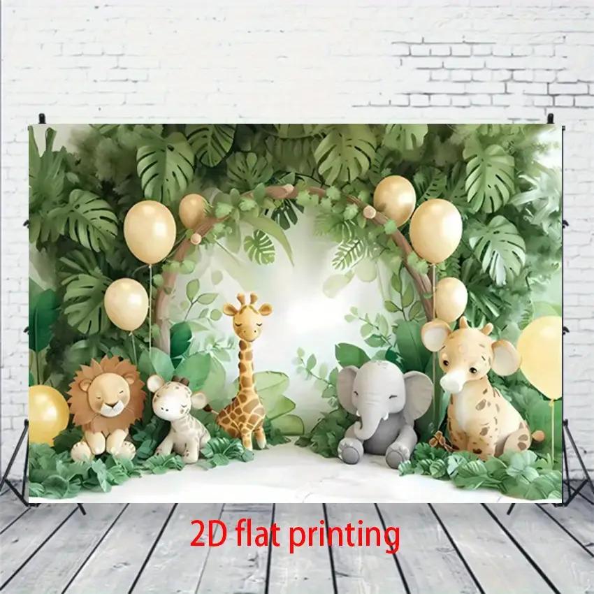 1 piece of 2D flat banner - Tropical Jungle Adventure theme background fabric with animal patterns for birthday party 100x150cm