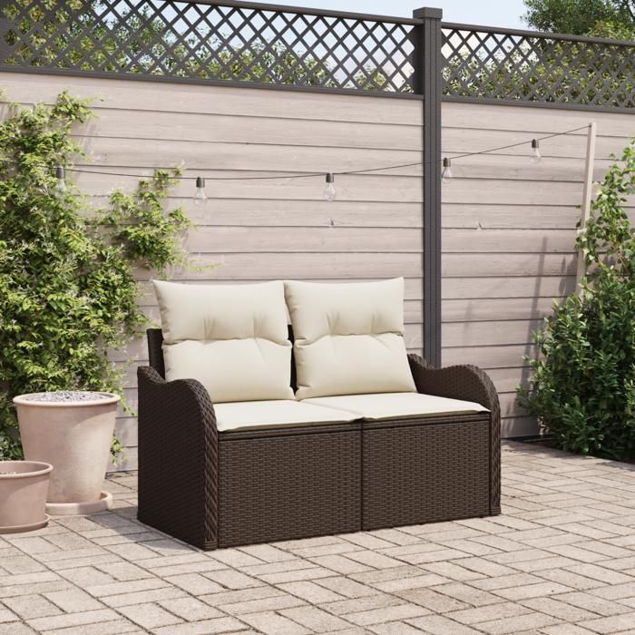 Canapé de jardin 2 places vidaXL avec coussins en polyrotin marron 42006713