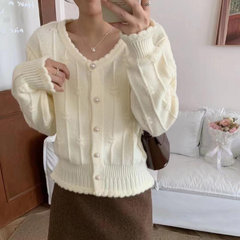 Autumn and winter new round neck lace knitted cardigan top women's soft waxy solid color gentle wind sweater jacket