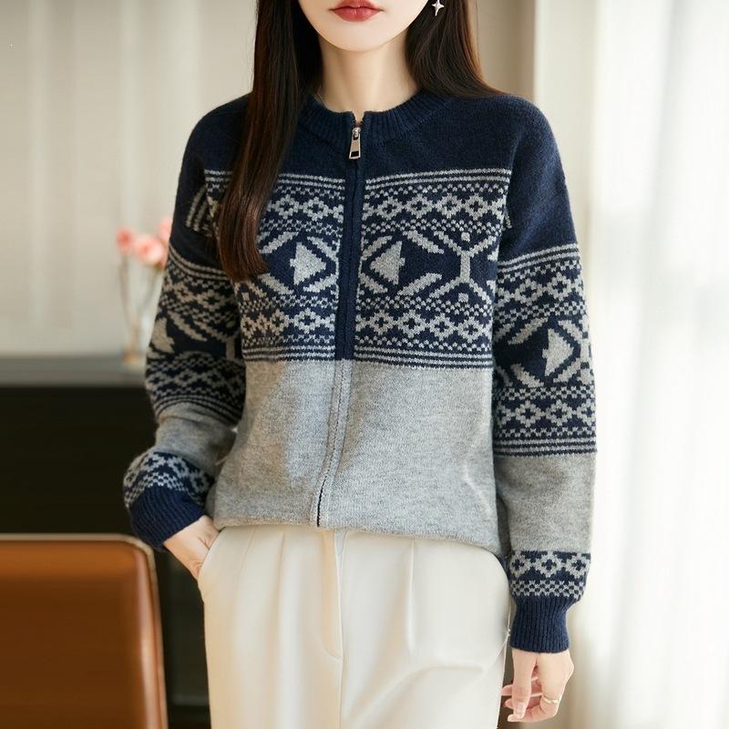 Retro Jacquard Double Zipper Round-neck Knitted Sweater for Women, Long Cardigan Coat, Suitable for All Seasons, Loose-fitting Thick Women's Top