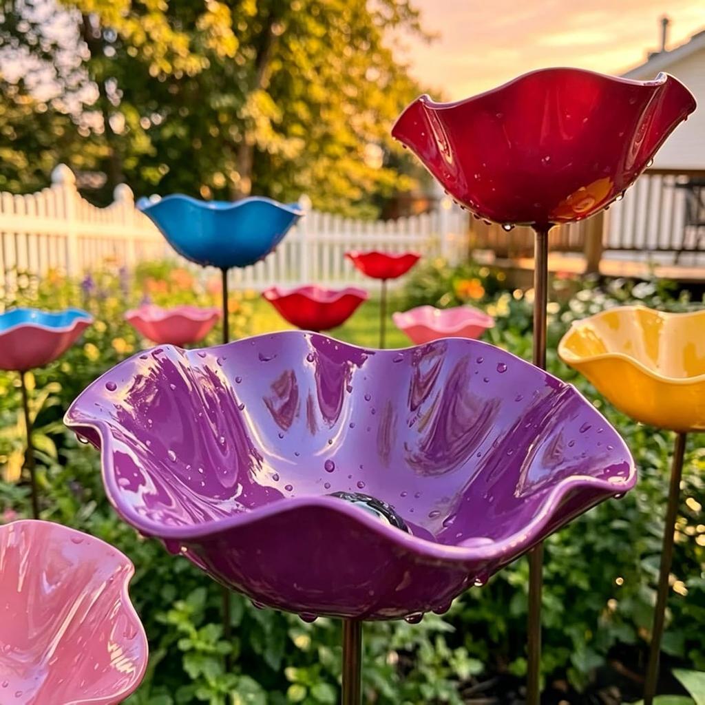 Piquet de Jardin 4 en 1 Multifonction Bain d'Oiseaux Mangeoire Colibris Fleur en Métal Faite à la Main Design Résistant aux Intempéries Rose pour Abeille Papillon Extérieur