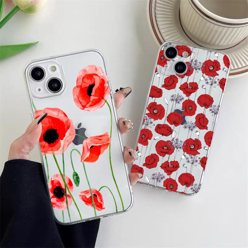 Poppy Flower Bloom Hot Red Clear Case For iPhone 15 11 14 Pro Max 12 13 Pro Max Mini XS X XR SE 2020 7 8 Plus Transparent Cover