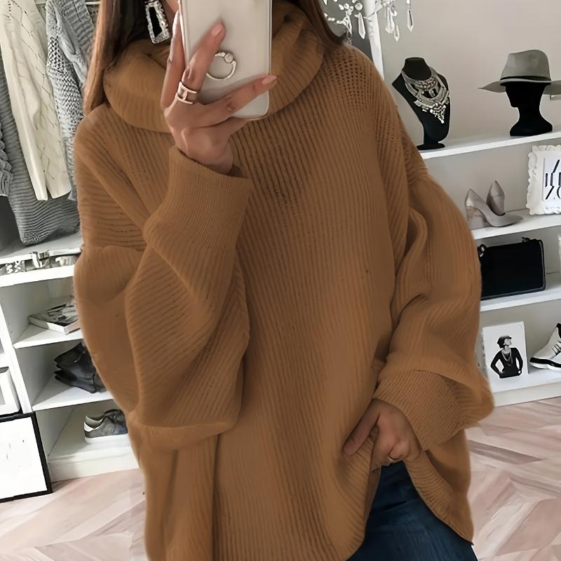 Pullover Sweater for Plus-Size Women, Featuring a High Neck, Solid Color, Long Sleeves, And Ribbed Drop Shoulders