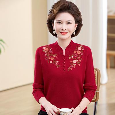 High-End Embroidered Cashmere Sweater for Women - Loose, Festive, Perfect for Middle-Aged and Elderly Moms, Pure Wool Base Layer