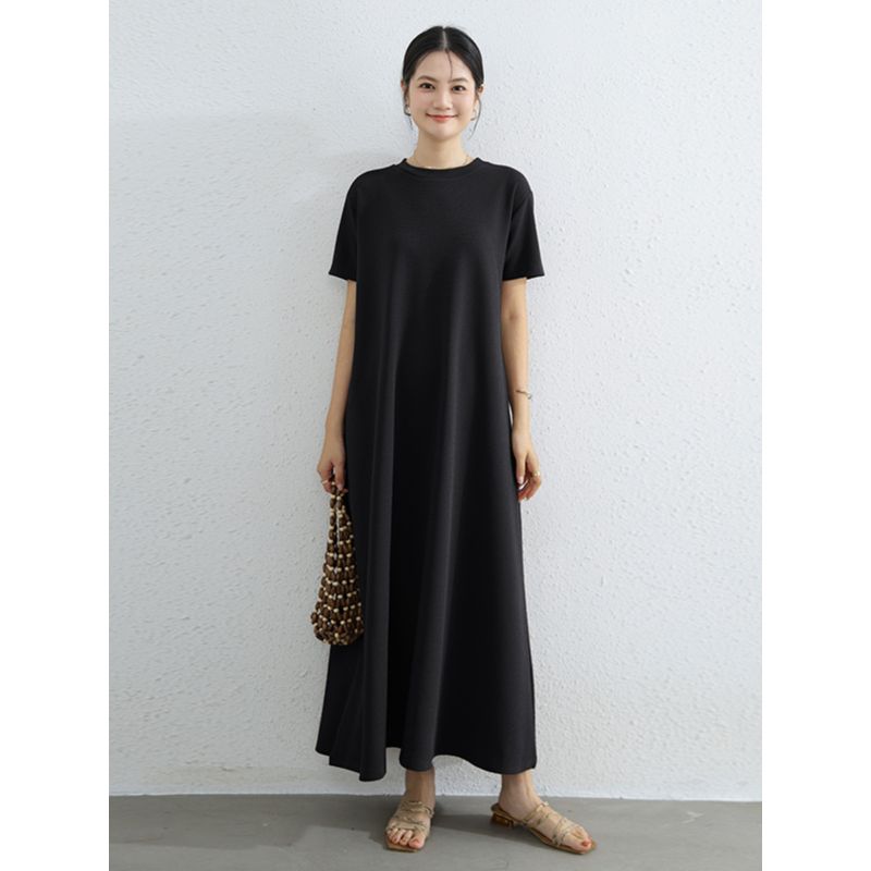 Plus Size Slimming Short Sleeve Dress Round Neck Over the Knee Temperament Long Dress Loose Idle Style Big Hemline Belly Covering Casual Skirts