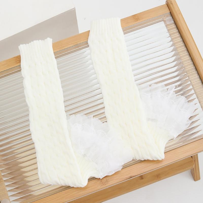 Cable Knit Leg Warmers Knee Length Socks Japanese Women Sweet Layered Ruffled Lace Trim Boot Cuffs Leg Covers Stockings