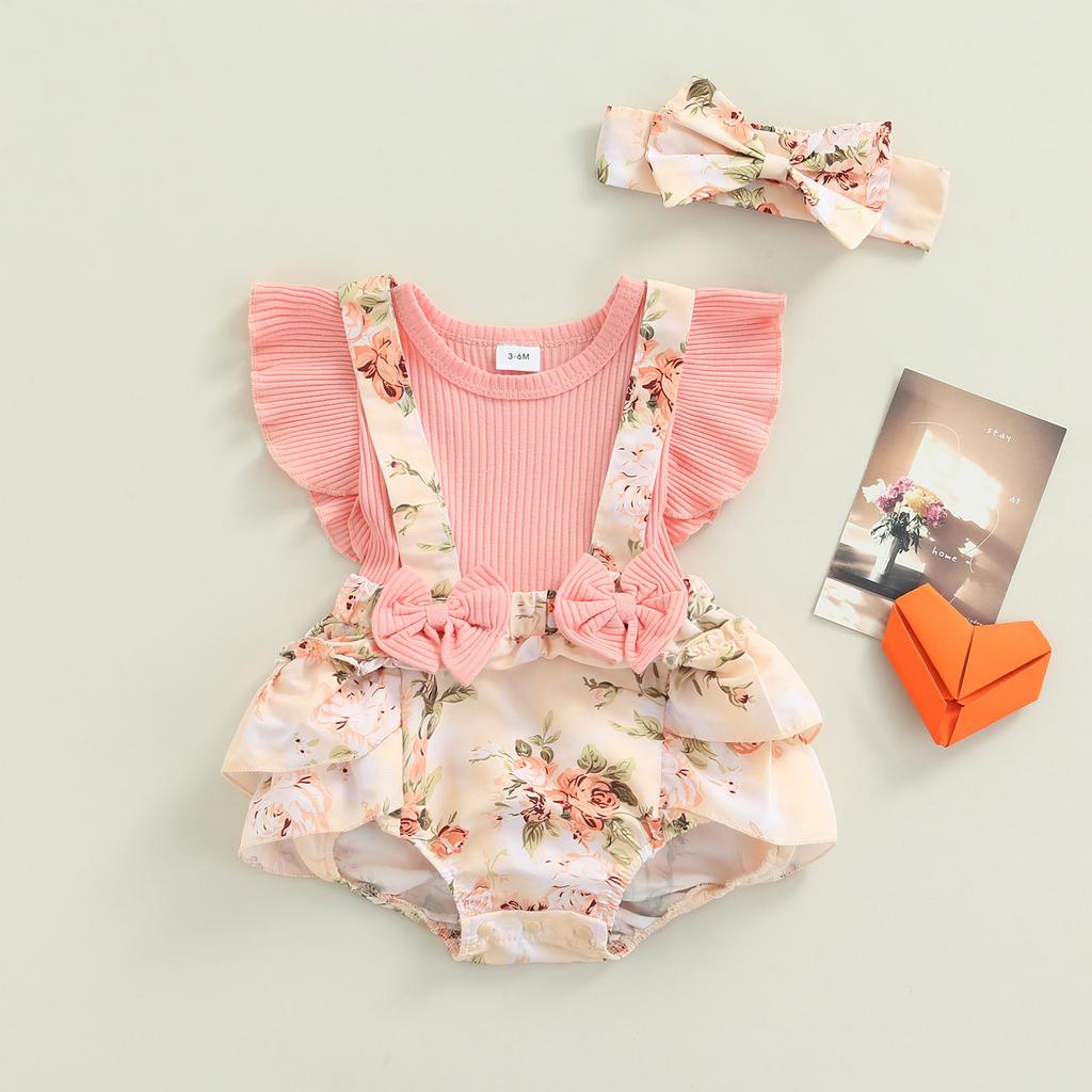 Baby Girls Two-piece Clothes Set, Pink Floral Printed Pattern Fly Sleeves Romper and Bow Knot Headdress, 0-18 Months