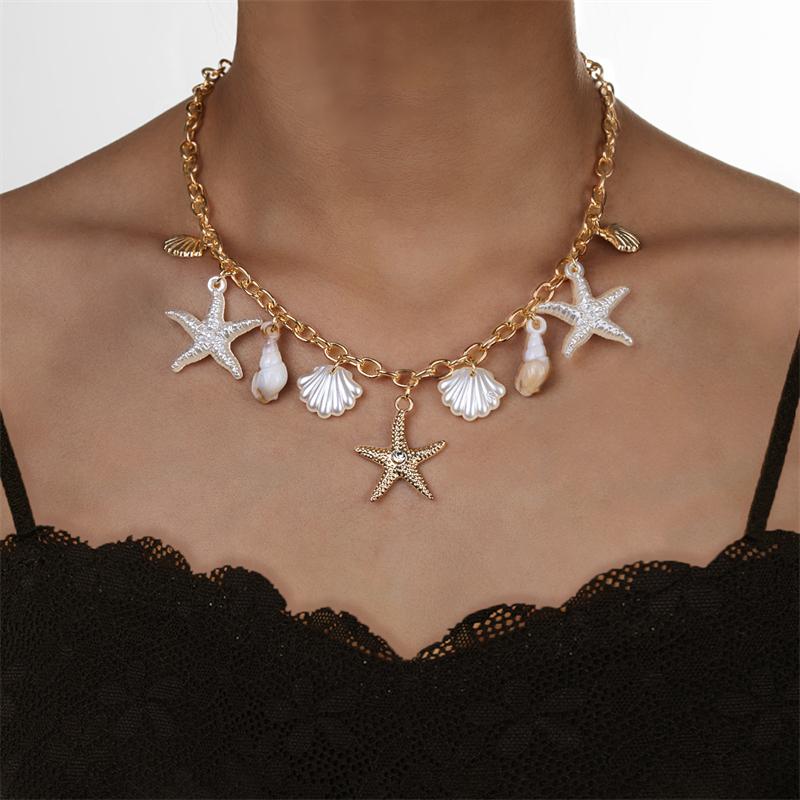 Boho Starfish Multi-elements Pendant Choker Necklaces for Women  Metal Shell Necklaces Girl Aesthetic Party Jewelry Gift
