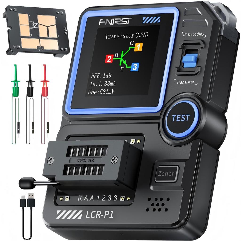 FNIRSI Tragbarer Transistor ESR LCR Tester mit Farbiger Infrarot-Automatischer Erkennung für und mit Austauschbaren Testboards LCR-P1 Tester,