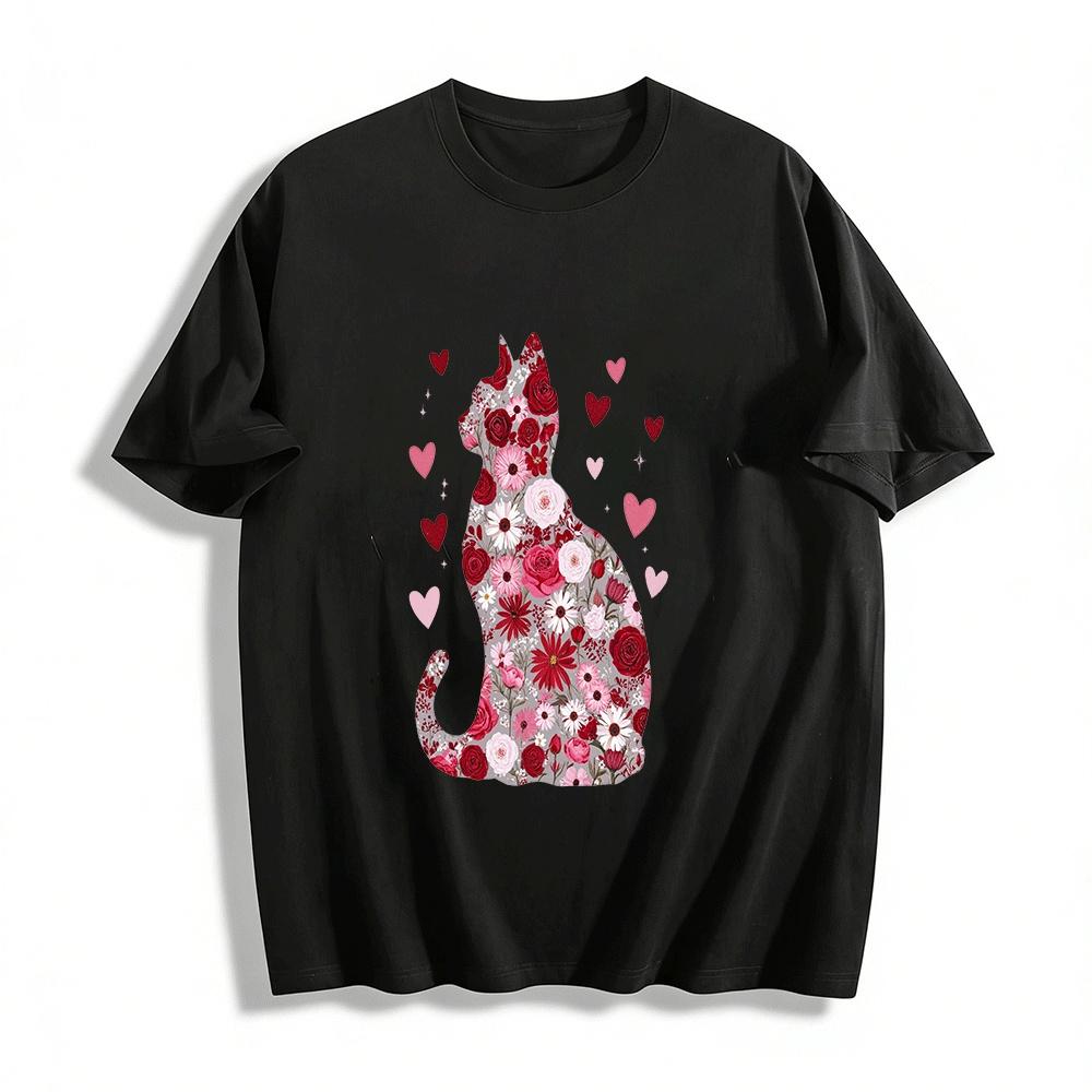

Floral Cat Print Heart Pattern Casual Top For Women Pure cotton T-shirt XXS