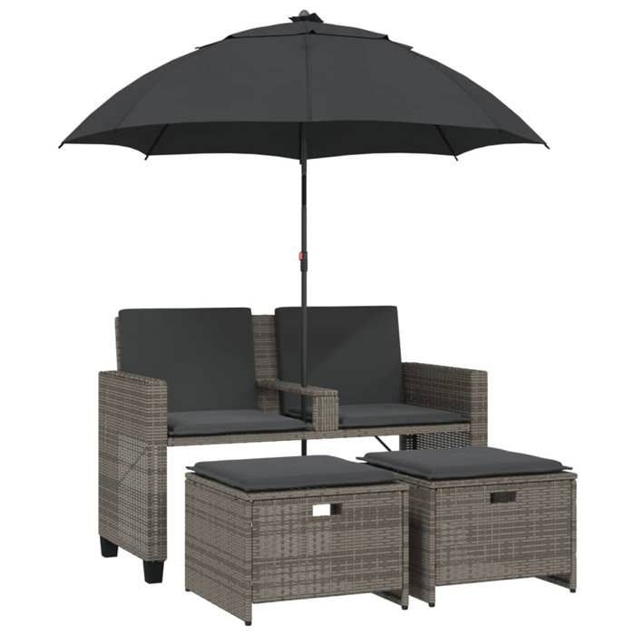 VidaXL Canapé de jardin 2 places avec parasol et tabourets gris rotin, canapé d’extérieur, chaise longue de jardin, canapé 365885