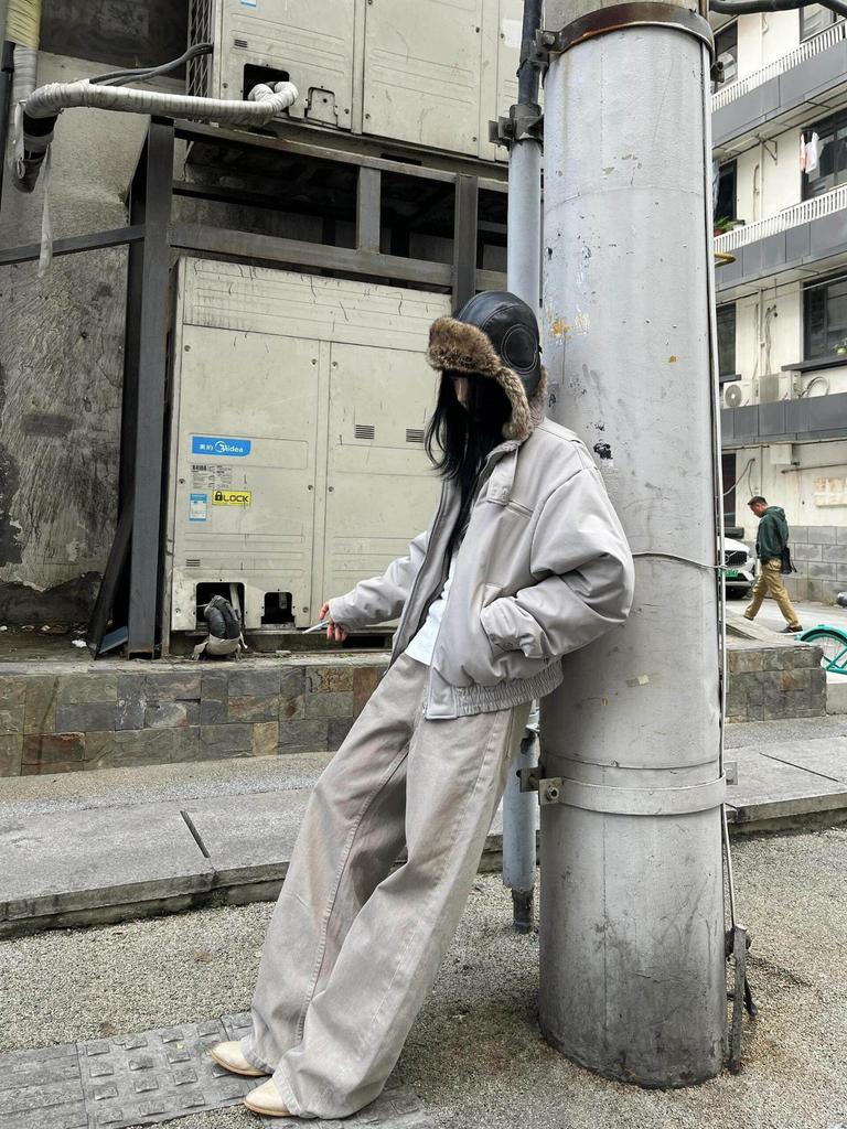 Cement Gray Winter Warm Fur Collar Cotton Harrington Bomber Jacket